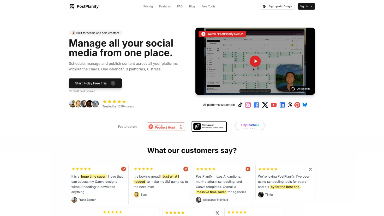 PostPlanify homepage showing a social media scheduling calendar