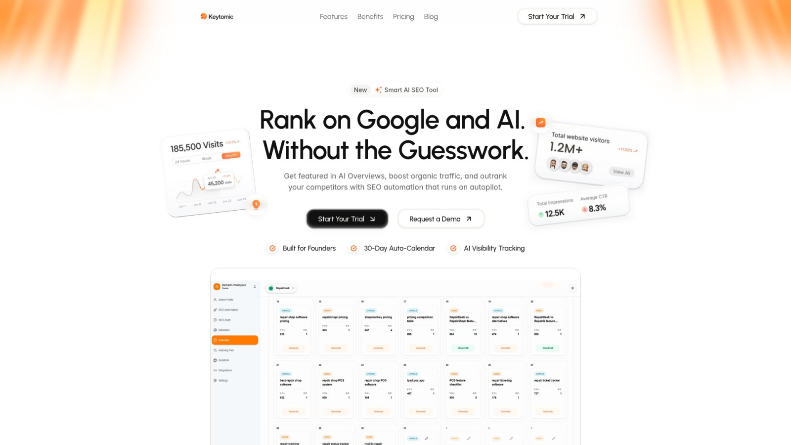Panel de control de Keytomic mostrando automatización de flujo SEO completo