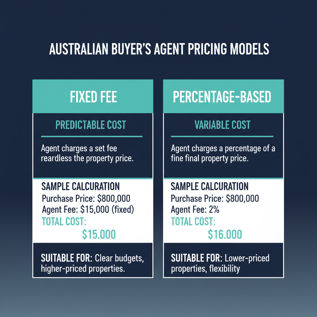 Buyers Agent Fees Australia 2026 State by State Pricing Guide and ROI Calculator 1 Comparison table showing fixed fee versus percentage buyers agent pricing models with sample calculations