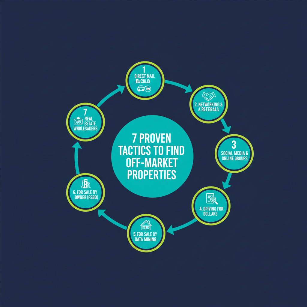 7 Proven Tactics to Find Off Market Properties in Melbourne Fast 1 Infographic displaying 7 proven tactics to access off-market properties in Melbourne