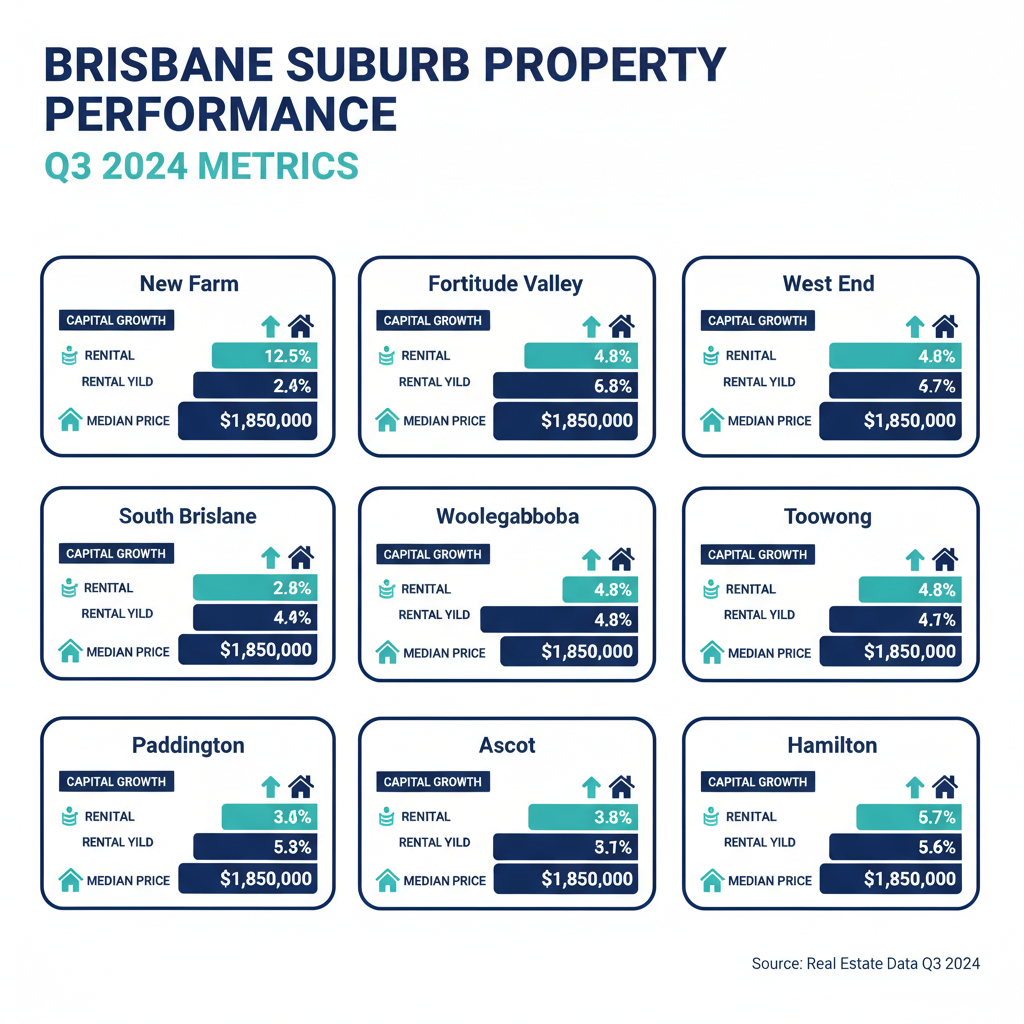 Top 9 Brisbane Suburbs for Buying Investment Property This Year 1 Brisbane investment suburb performance comparison chart showing capital growth and rental yields