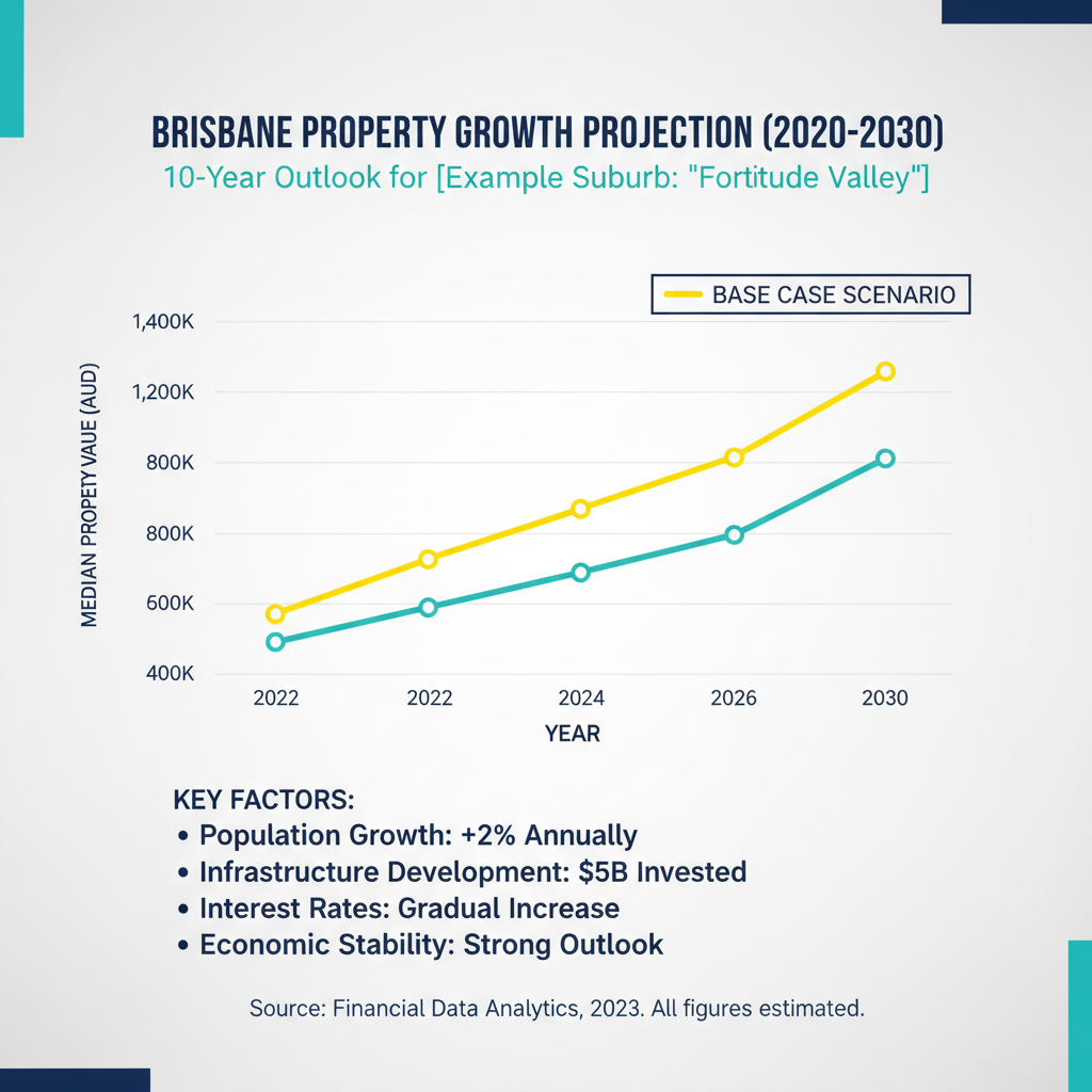 Brisbane Property Investment Case Study Using 10 Year Modelling and Fixed Fee Buyers Agent 2 10-year property modelling projection chart showing Brisbane capital growth scenarios from 2020 to 2030