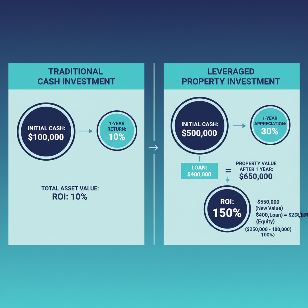 Property as a Wealth Vehicle Why Property Is the Smartest Path to Long Term Wealth 3 Property leverage return on investment calculation diagram