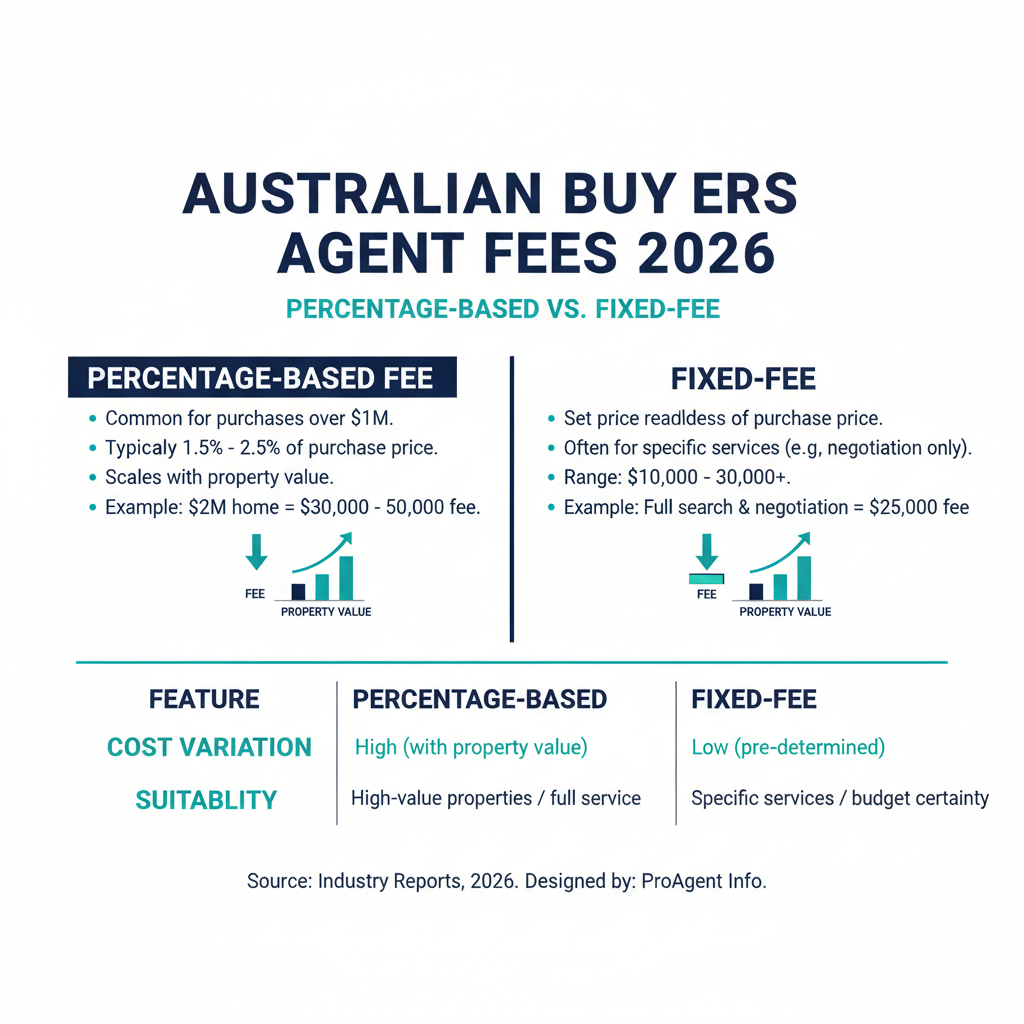 Buyers Agent for Property Investment Complete Guide Australia 2026 1 Buyers agent fees Australia 2026 comparison chart showing percentage vs fixed fee structures