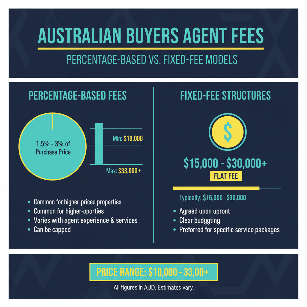Buyers Agent Australia What They Actually Do And When You Should Use One 2 Comprehensive buyers agent fee structure comparison chart showing percentage vs fixed-fee pricing models across Australian cities