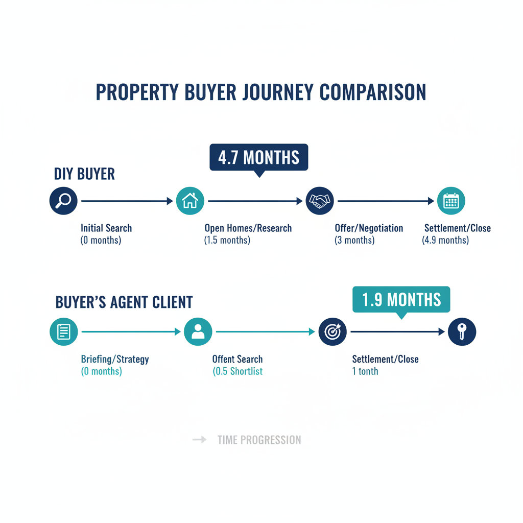 Is a Buyers Agent Worth It in Australia 2026 Cost vs Return Breakdown 3 Property purchase timeline comparison showing buyers agent clients secure properties in 1.9 months versus 4.7 months for DIY buyers
