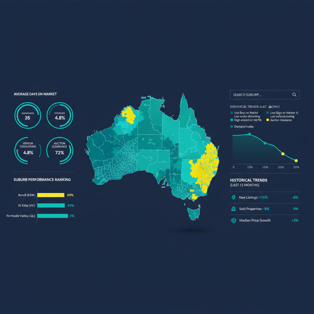 How Professional Buyers Agents Analyse Growth Suburbs Using Data and Market Intelligence 1 Supply and demand indicators dashboard for suburb analysis showing market metrics