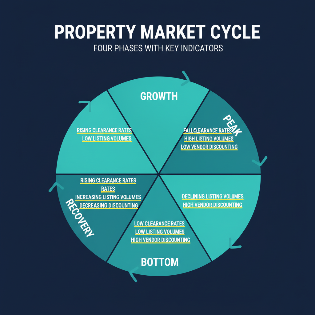 How Professional Buyers Agents Analyse Growth Suburbs Using Data and Market Intelligence 4 Four-phase property market cycle diagram with key indicators for each phase