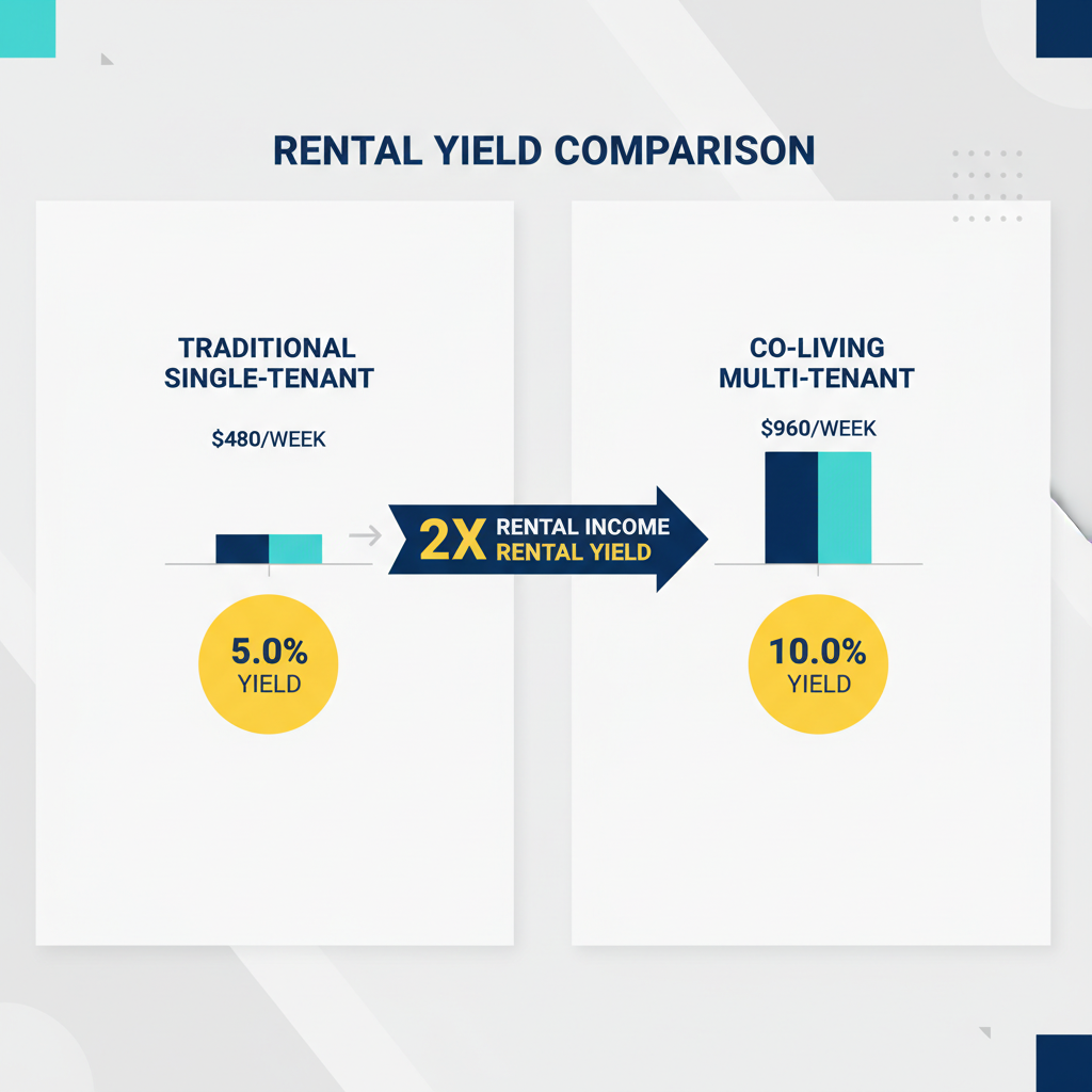Co Living Investment Strategy Using Standard Houses Not Purpose Built Co Living Properties Australia 1 Rental yield comparison infographic traditional vs co-living investment property