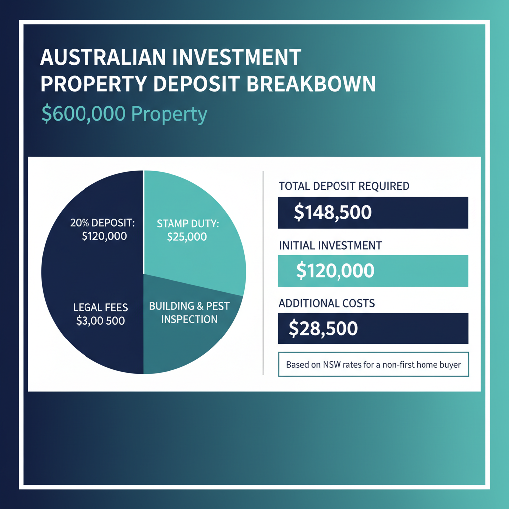 How to Invest in Property Australia Step by Step Guide for Beginners and Experienced Buyers 1 Investment property deposit breakdown showing 20% deposit plus additional costs for $600,000 property purchase