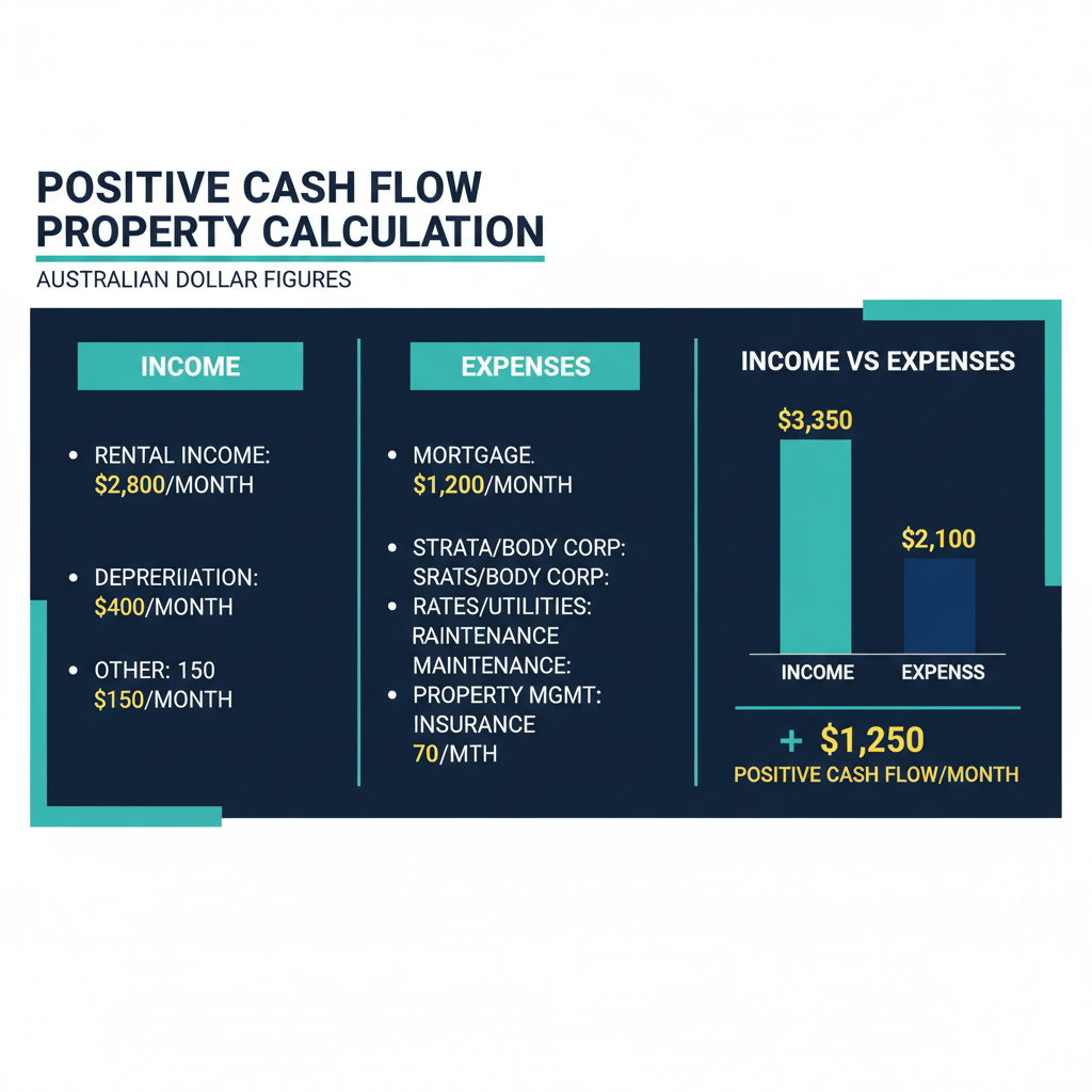 How to Buy Positive Cash Flow Property in Australia 7 Strategies to Create Passive Income 1 Cash flow calculation breakdown for Australian investment property showing income versus expenses