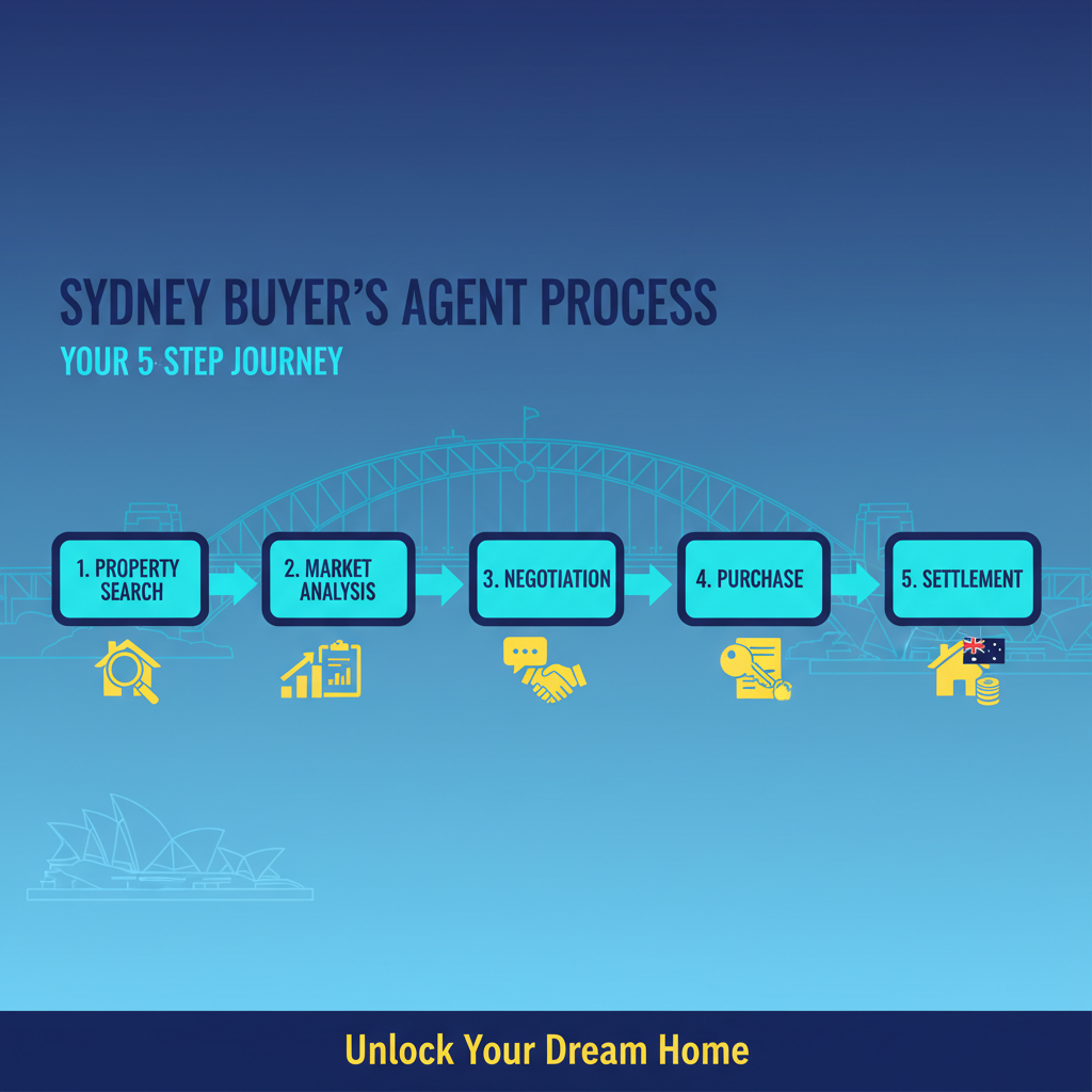 Buyers Agent Sydney Expert Help for Your Property Purchase Journey 1 Infographic showing the 5-step buyers agent process from search to settlement