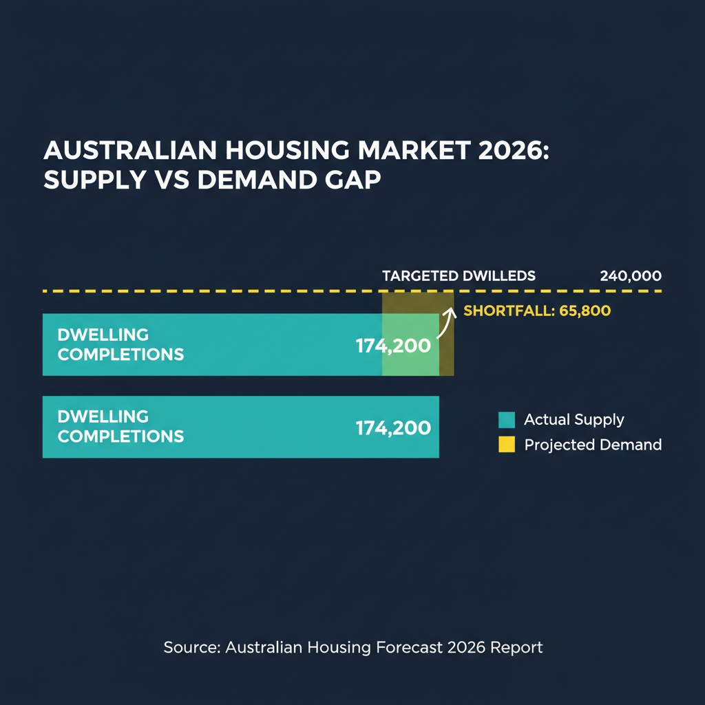 Australia Housing Shortage 2026: Why Supply Is Falling Behind Demand and What It Means for Property Prices 1 Chart showing Australia's housing supply shortage with completions vs target