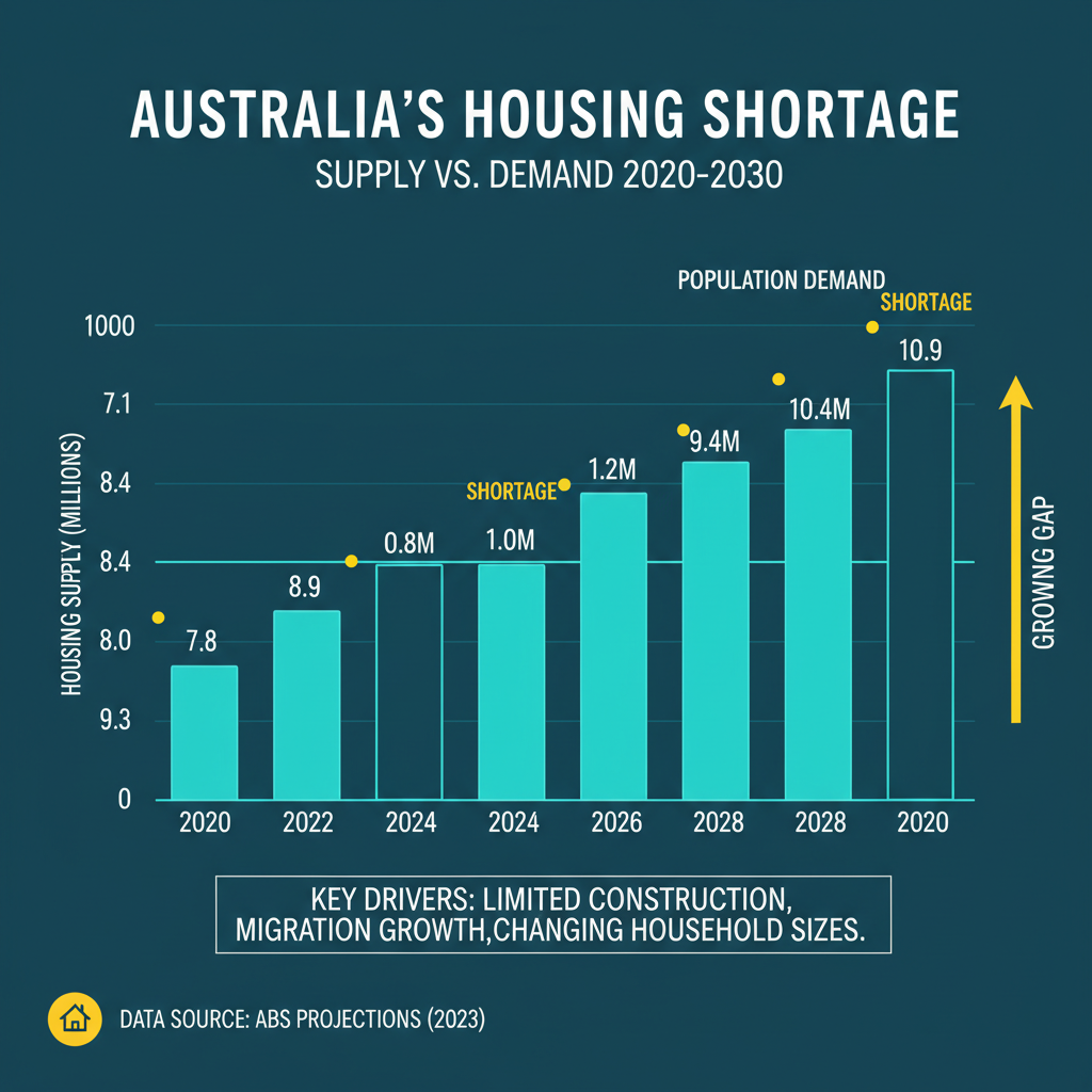 Is Property Still Worth It in 2026? The Truth Behind Australia's Market Uncertainty 1 Data visualization showing Australia's 200,000 to 300,000 dwelling shortage and population growth to 30 million by 2030