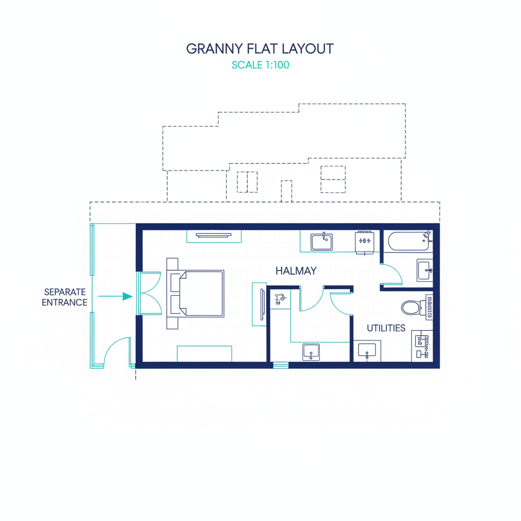 Single vs Dual Income How One Property Move Can Double Your Rent in 2026 2 Granny flat floor plan showing self-contained secondary dwelling layout