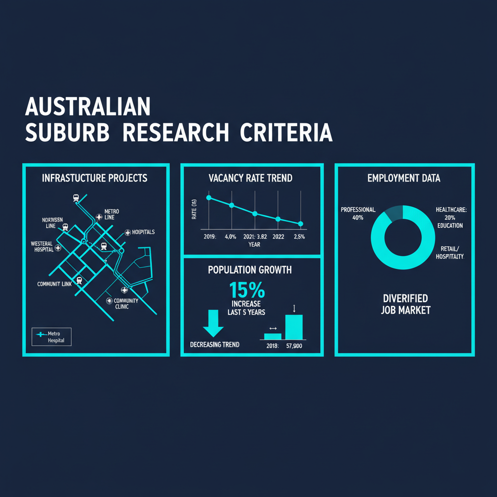 Property Investment Due Diligence Checklist Before You Buy Any Property 1 Suburb research criteria infographic showing infrastructure, vacancy rates, and demographics