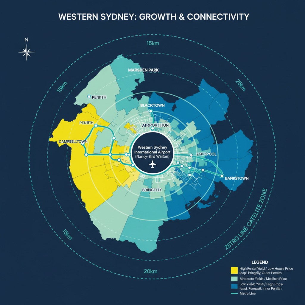 Forget the CBD Why the Satellite Surge is Making Beginner Investors Rich in 2026 2 Western Sydney Airport satellite suburbs map showing growth zones and transport infrastructure connections