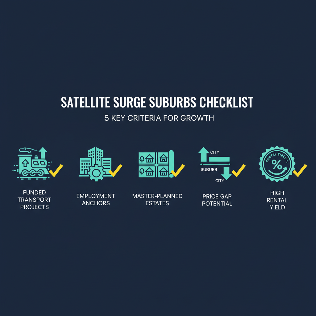 Forget the CBD Why the Satellite Surge is Making Beginner Investors Rich in 2026 3 Infrastructure checklist infographic for identifying high-potential satellite suburbs before price spikes