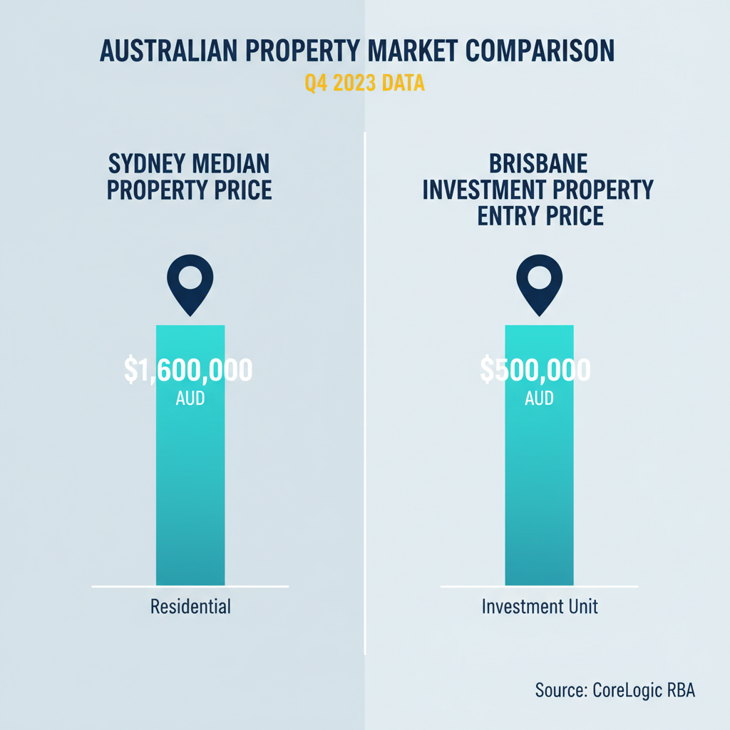 What Is Rentvesting and How It Works for Australians in 2026 1 Property price comparison infographic showing Sydney vs Brisbane median dwelling prices for rentvesting strategy
