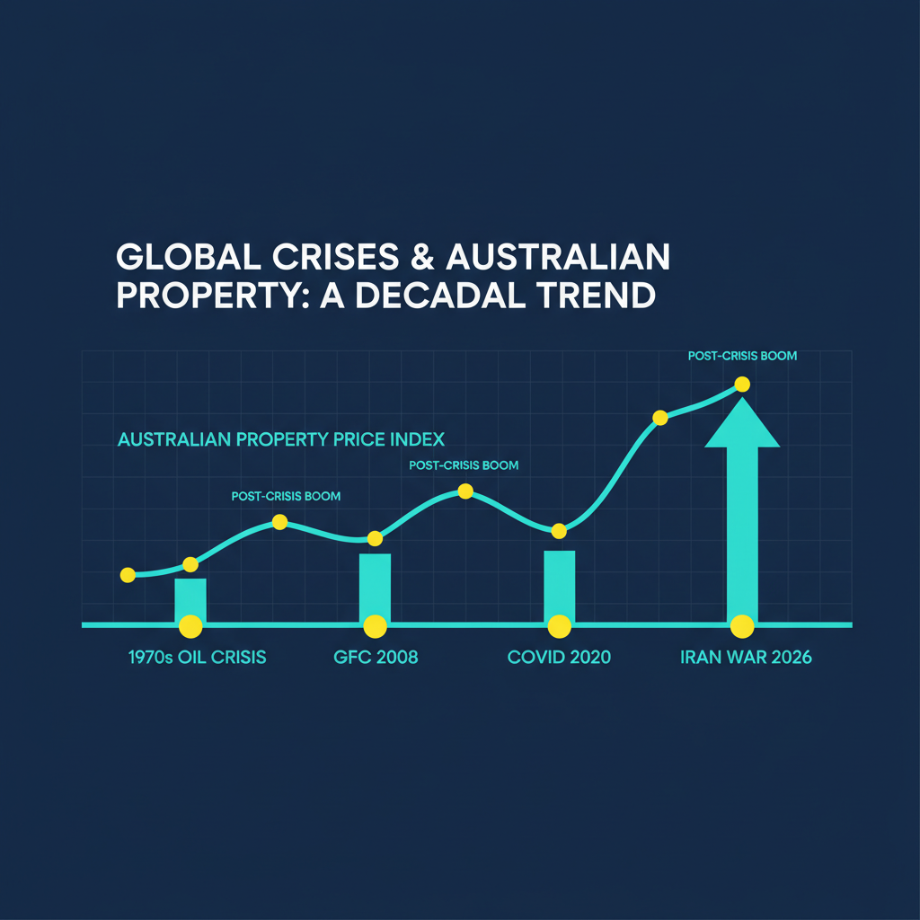 The 2026 Iran War and Australian Property Prices - What History Reveals About Crisis and Capital Flight 3 Timeline showing Australian property price resilience through major global crises