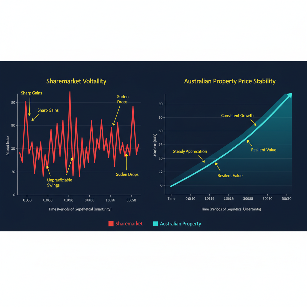 The 2026 Iran War and Australian Property Prices - What History Reveals About Crisis and Capital Flight 1 Comparison of property stability versus sharemarket volatility during global crises
