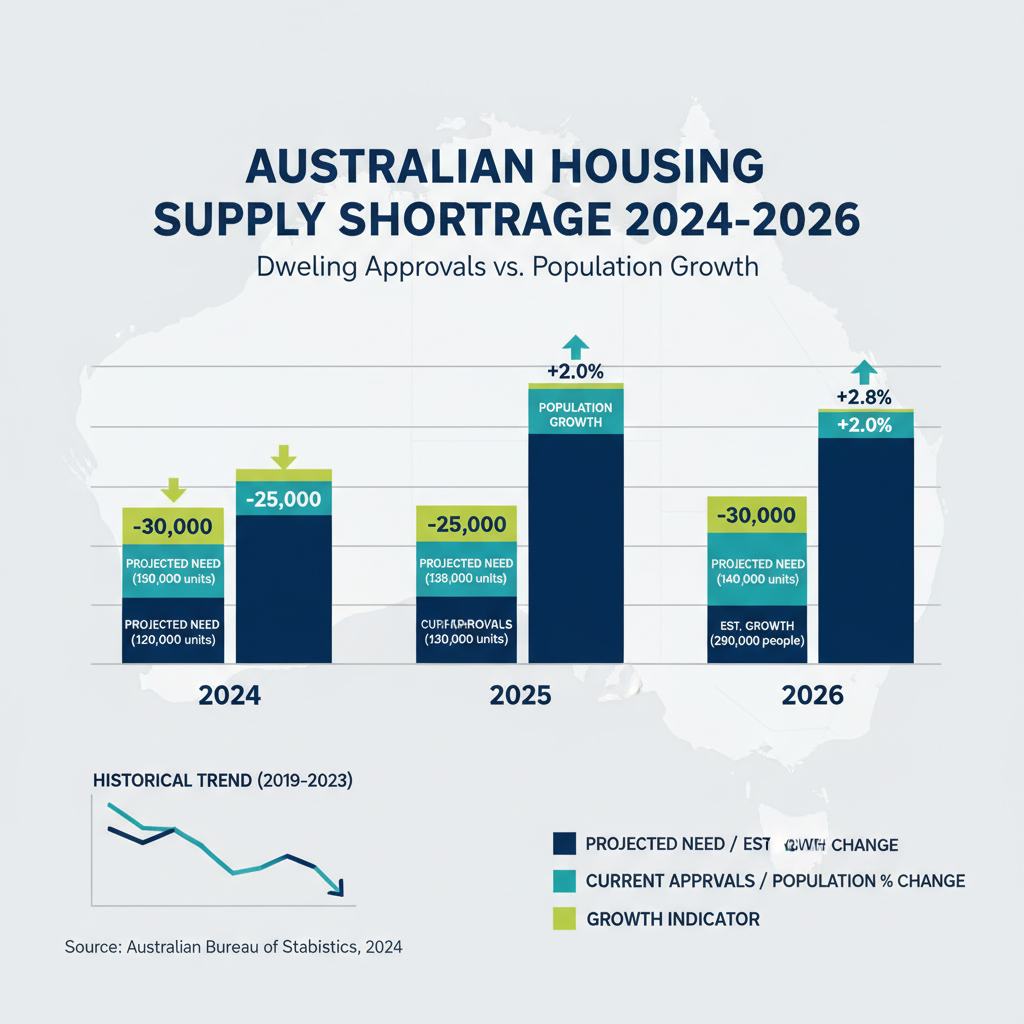 RBA Raises Rates to 4.1 Percent Will Australian Property Prices Finally Crash in 2026 3 Australian housing supply shortage graph showing dwelling approvals falling behind population growth