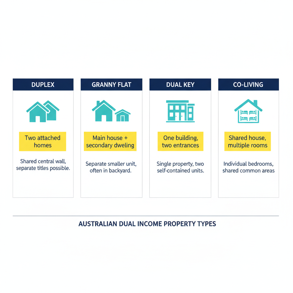 Dual Income Properties Australia The Smart Investor Strategy for 2026 1 Four types of dual income properties in Australia infographic