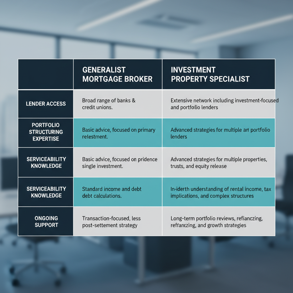 How to Choose the Right Mortgage Broker for Your Investment Property in Australia 1 Comparison table of generalist mortgage brokers versus investment property specialists