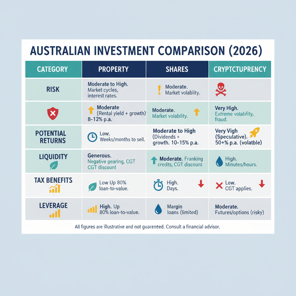 Property vs Shares vs Crypto Where Should Australians Invest in 2026 1 Comparison table of property vs shares vs crypto investment returns risk and tax benefits Australia 2026