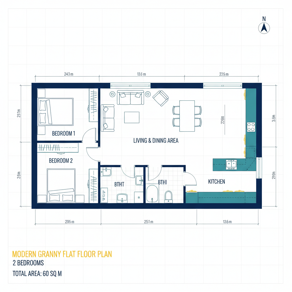 Dual Occupancy Property Australia for Higher Rental Yields and Dual Income Streams 1 Granny flat floor plan showing efficient 2-bedroom layout under 60 square metre council limit for Australian secondary dwellings