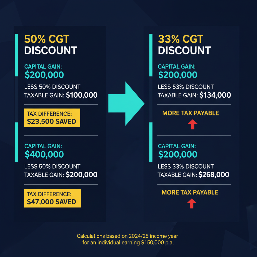 Capital gains tax discount comparison showing impact of proposed 33% reduction on property investor tax liability
