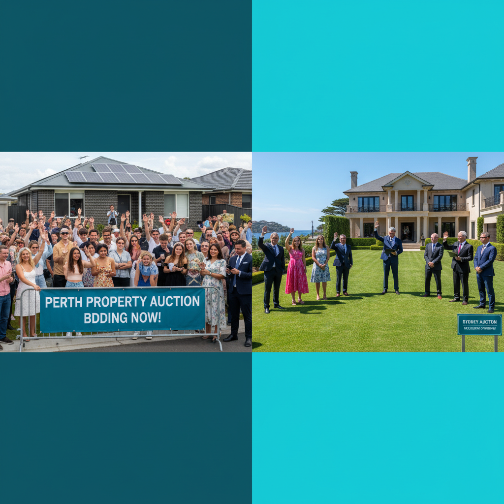 Two-speed property market comparison showing booming Perth auction versus stalling Sydney premium suburb