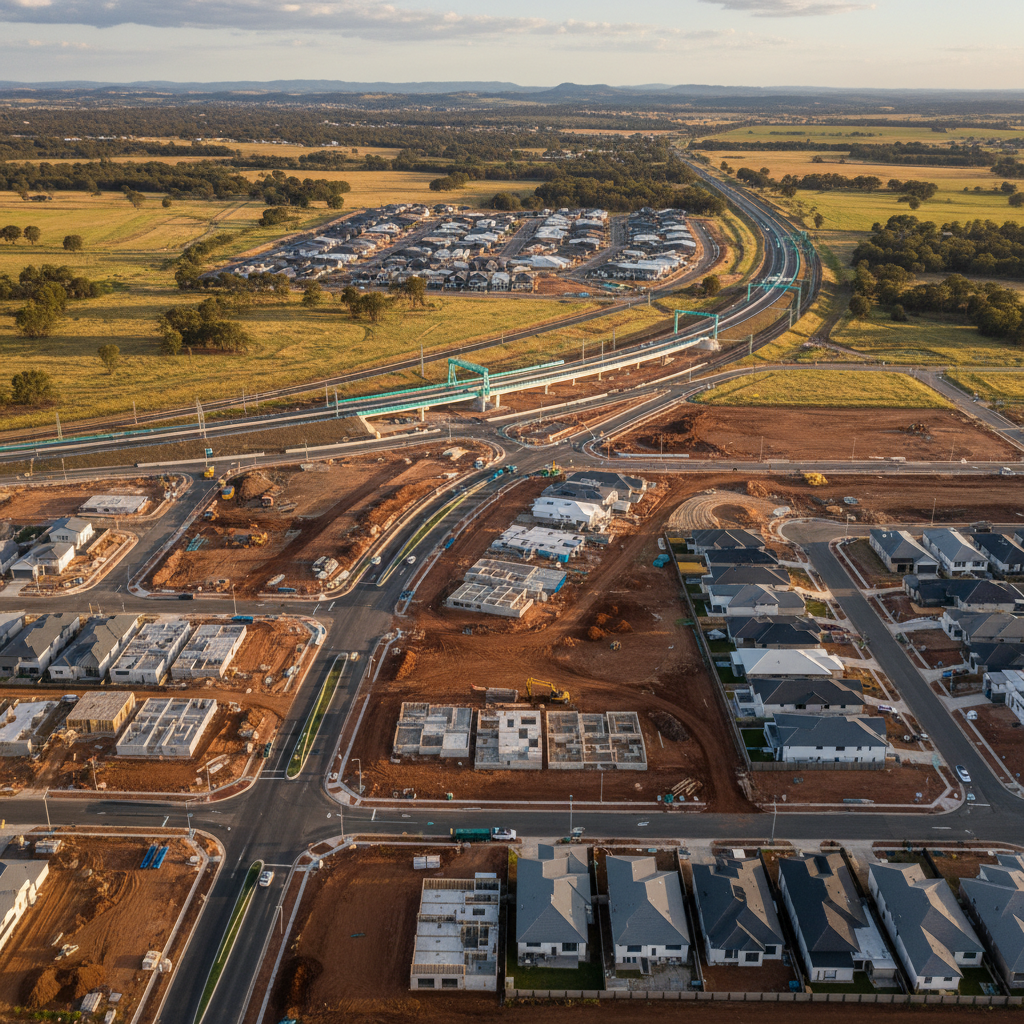 Aerial view of outer suburban growth corridor with new infrastructure and residential development