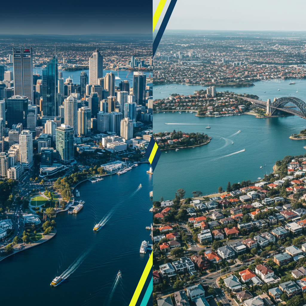 Aerial split view of Perth and Sydney skylines representing Australia's two-speed property market in 2026