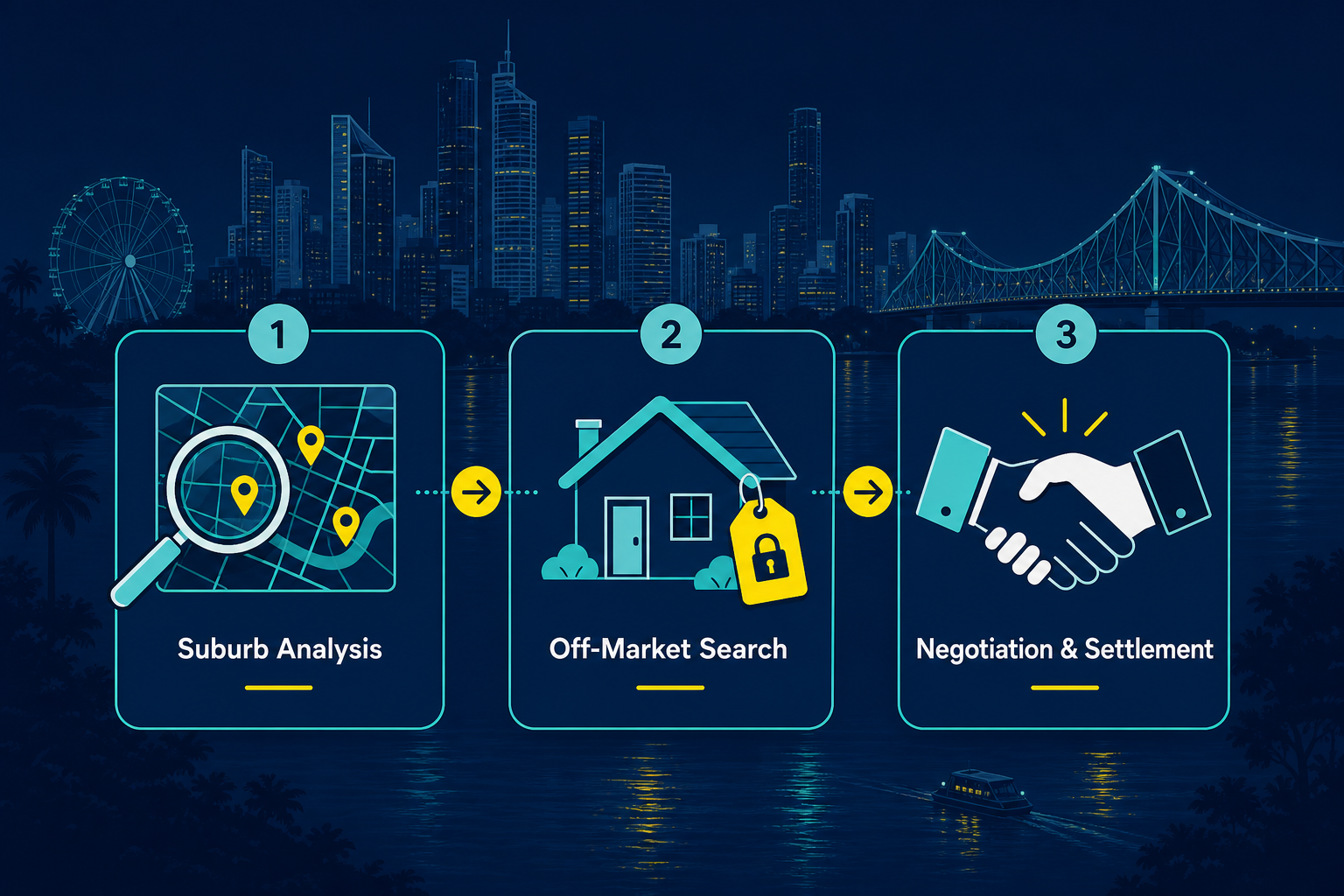 What a Buyers Agent in Brisbane Can Change for Investors 2 Property investment strategy workflow showing suburb analysis, off-market search, and negotiation steps for Brisbane investors