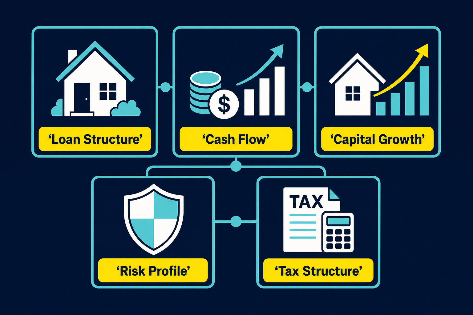Why Property Investment Strategy Matters More Than Picking the Right Suburb 2 Five pillars of a property investment strategy: loan structure, cash flow, capital growth, risk profile, and tax structure