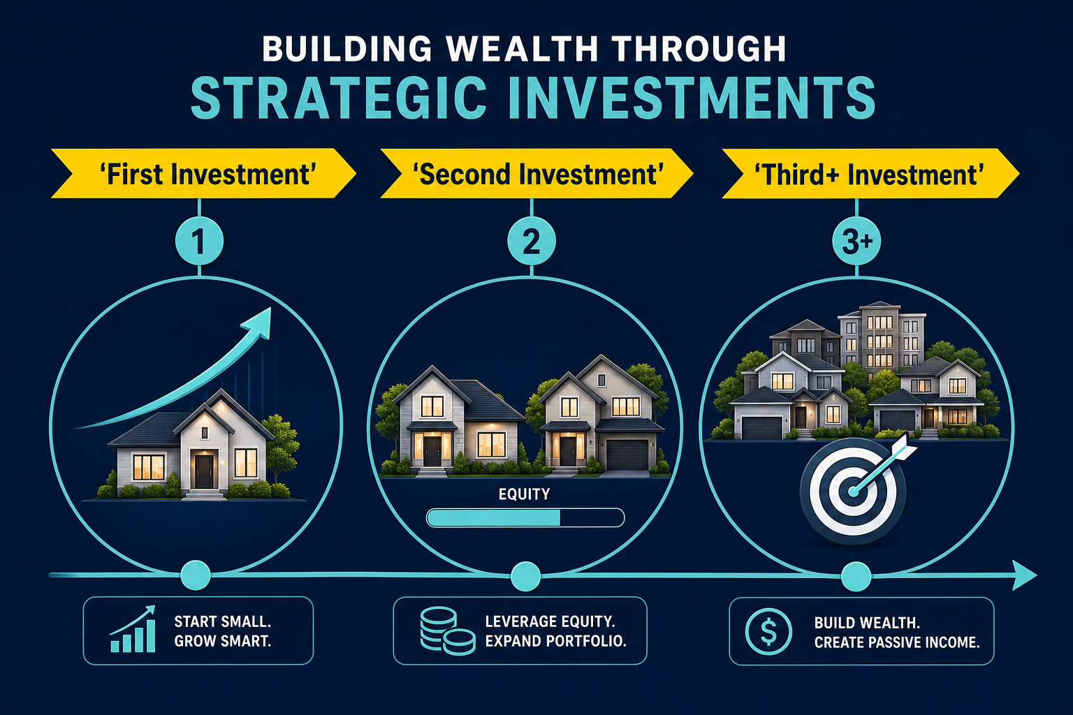 Why Property Investment Strategy Matters More Than Picking the Right Suburb 1 Three-stage property portfolio growth roadmap from first investment through to passive income