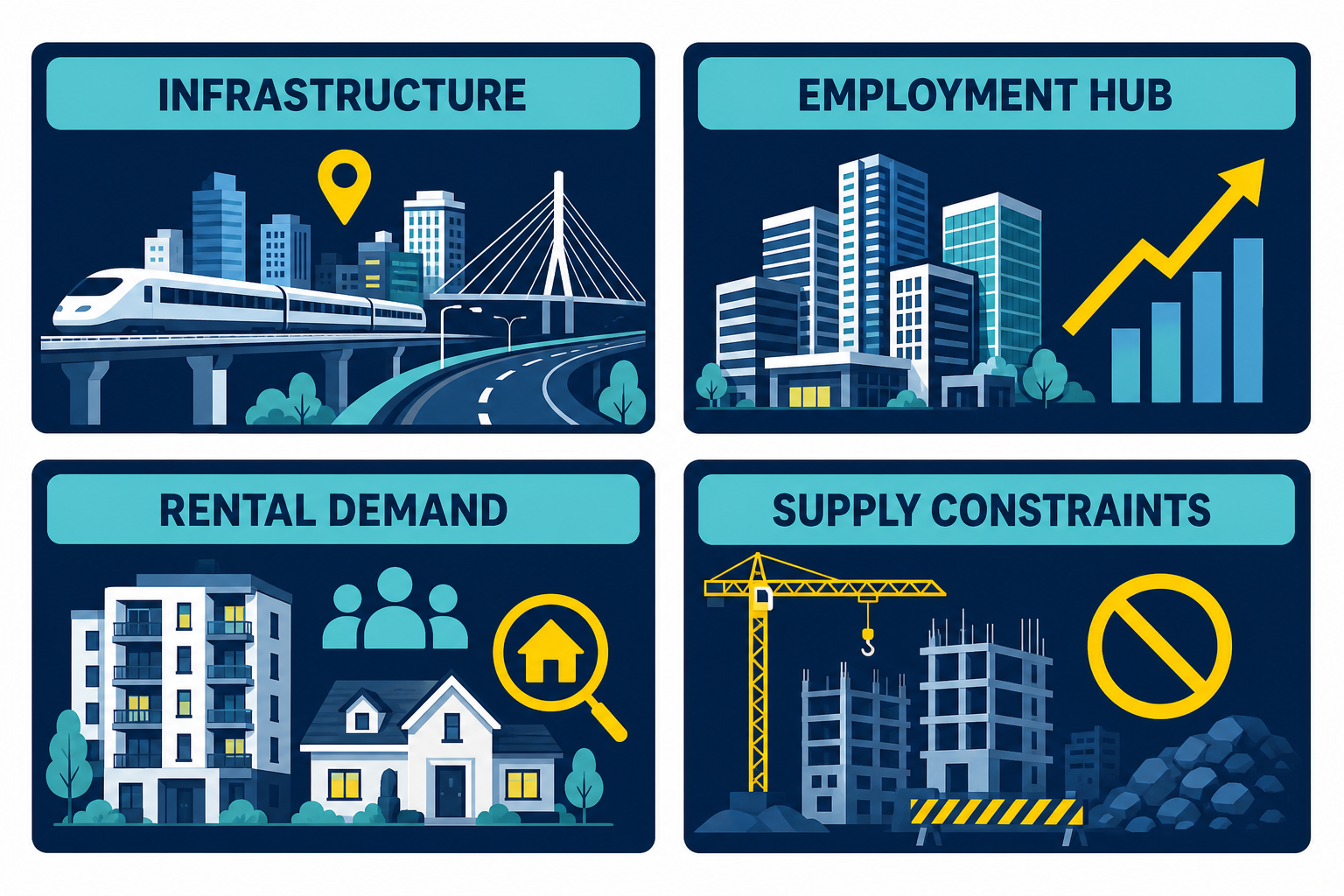 Top 8 Property Investment Trends for 2026 Where Smart Australian Investors Are Putting Their Money 1 Property investment suburb analysis framework showing four key fundamentals: infrastructure, employment, rental demand, and supply constraints