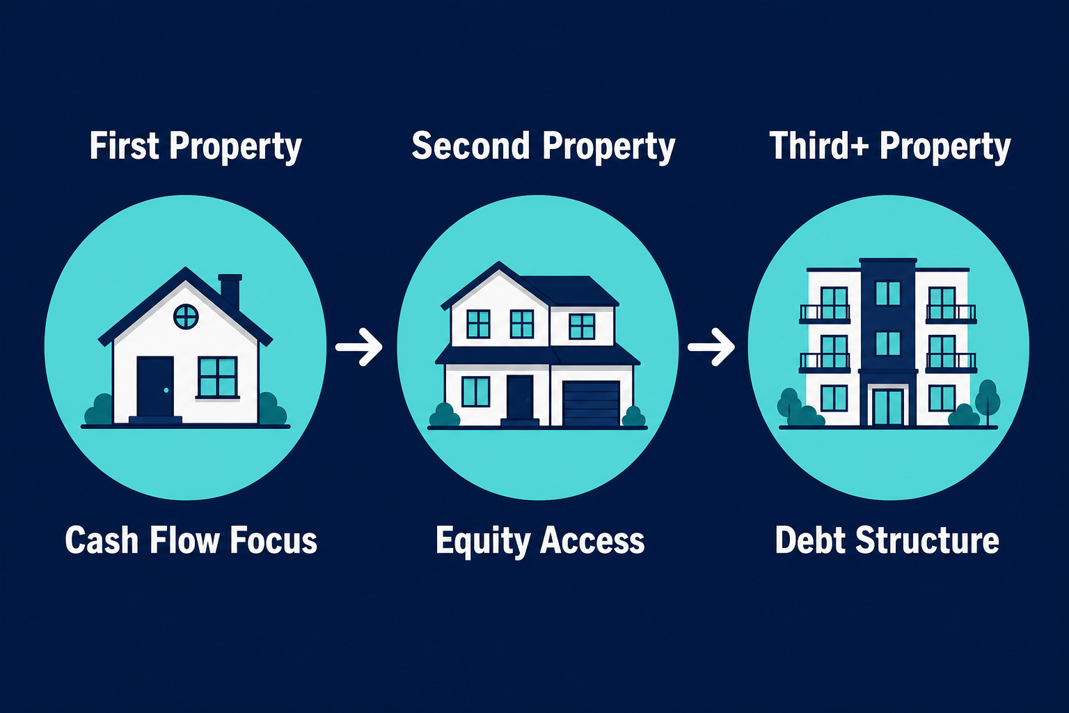 Top 8 Property Investment Trends for 2026 Where Smart Australian Investors Are Putting Their Money 3 Property portfolio sequencing diagram showing three stages: first property cash flow, second property equity access, third property debt structure