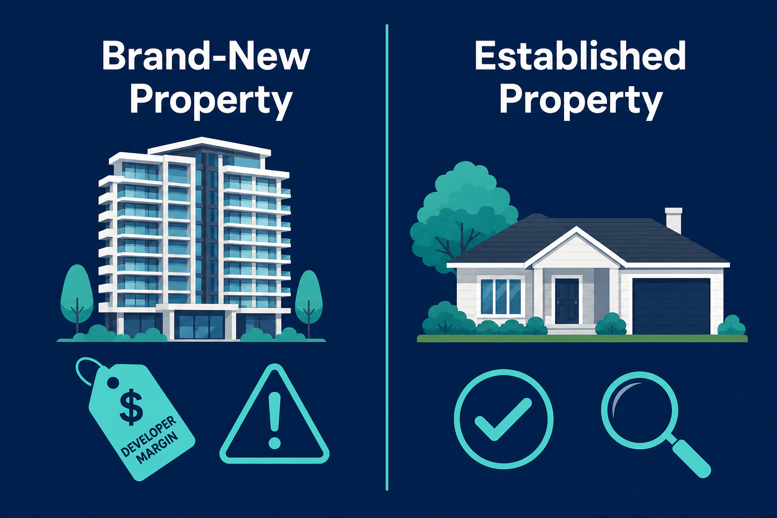 The Hidden Risks of Buying Brand-New Investment Properties 1 Side-by-side comparison diagram of brand-new property versus established property investment risks in Australia
