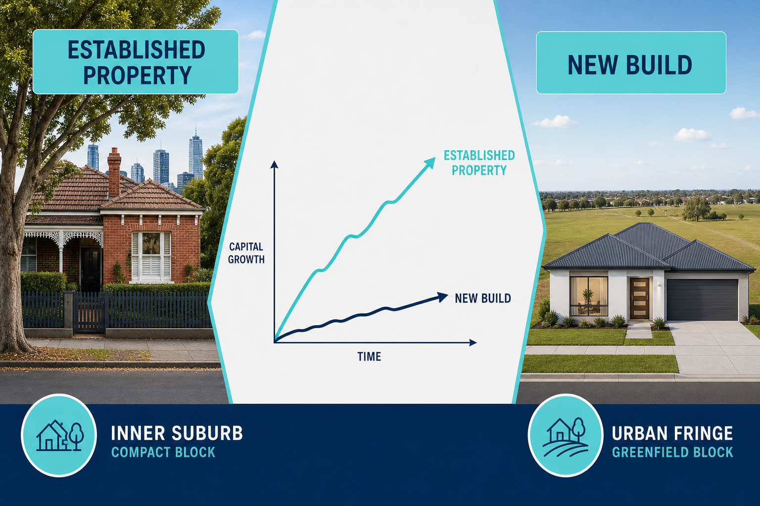 Why Established Properties Are Outperforming New Builds in 2026 1 Established property vs new build capital growth comparison infographic for Australian investors in 2026