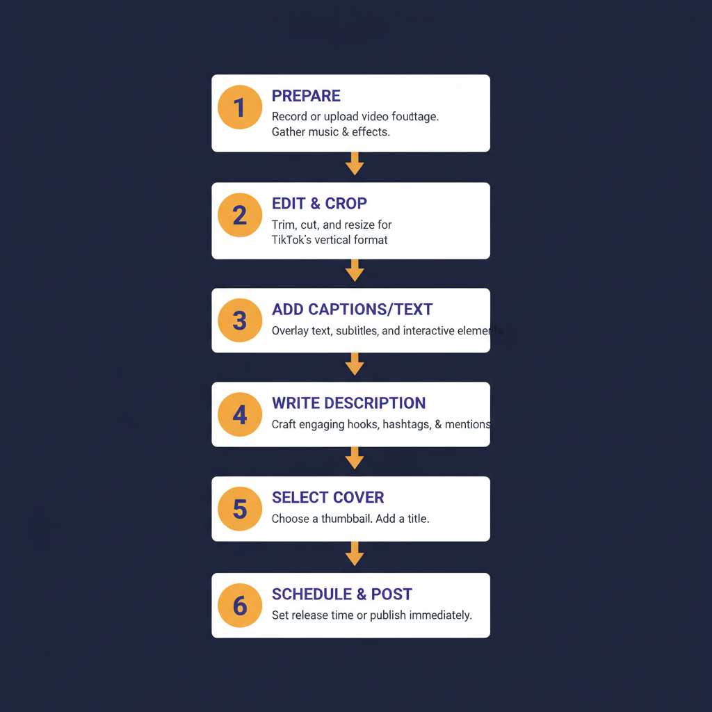 Workflow diagram showing how to prepare and schedule TikTok videos in 2026