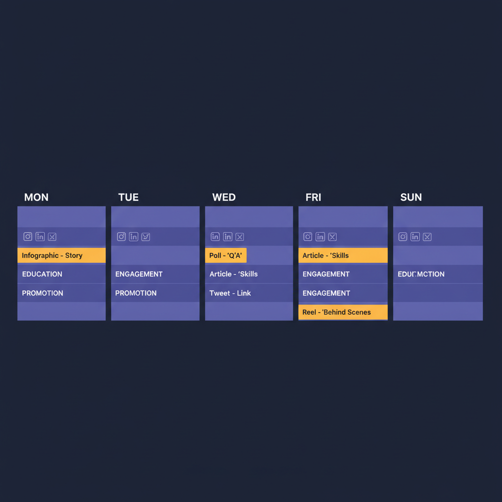Weekly social media content calendar template with content pillars