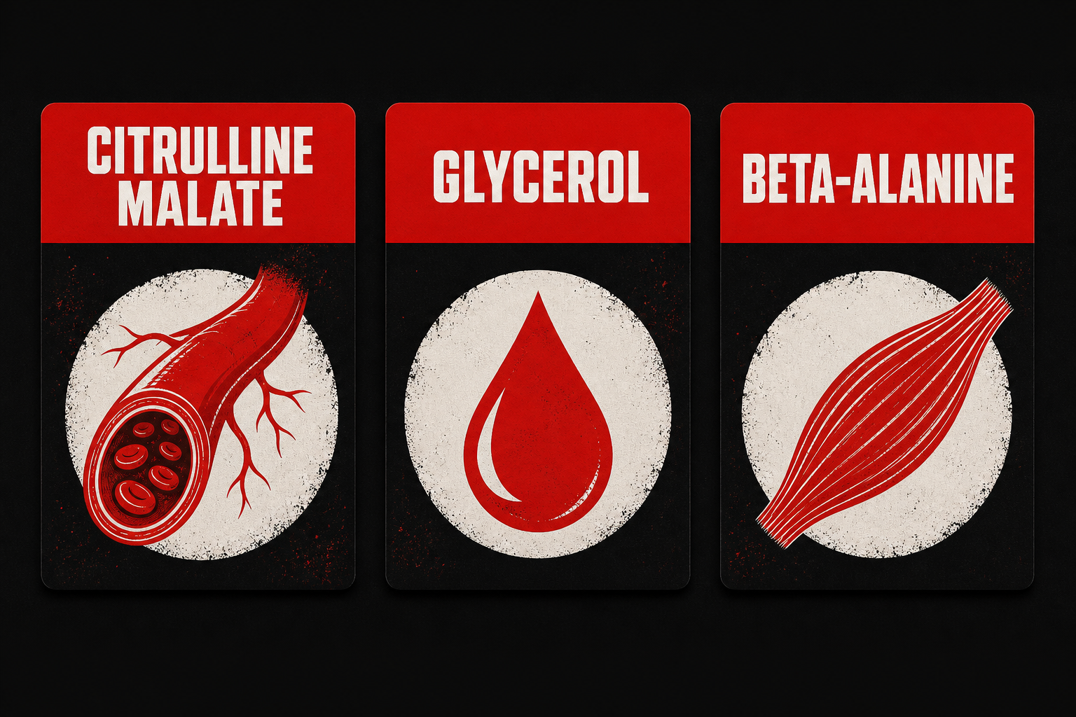 Non stim pre workout key ingredients citrulline malate glycerol and beta-alanine illustrated as bold ingredient cards