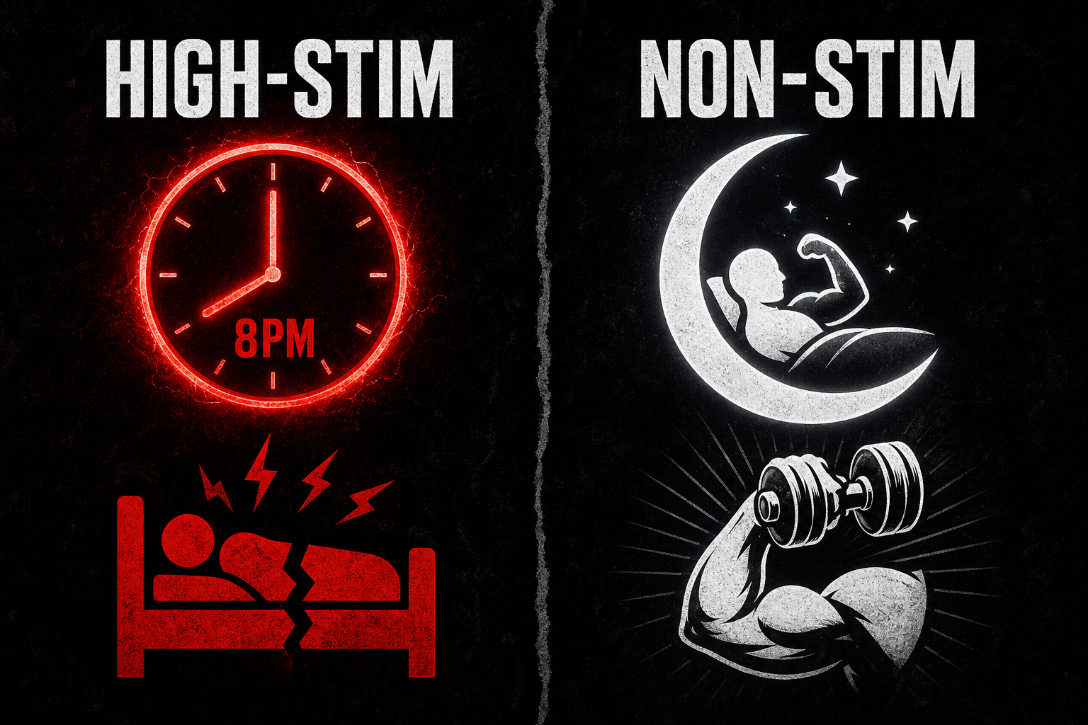 High stim pre workout versus non stim pre workout late night training comparison visual