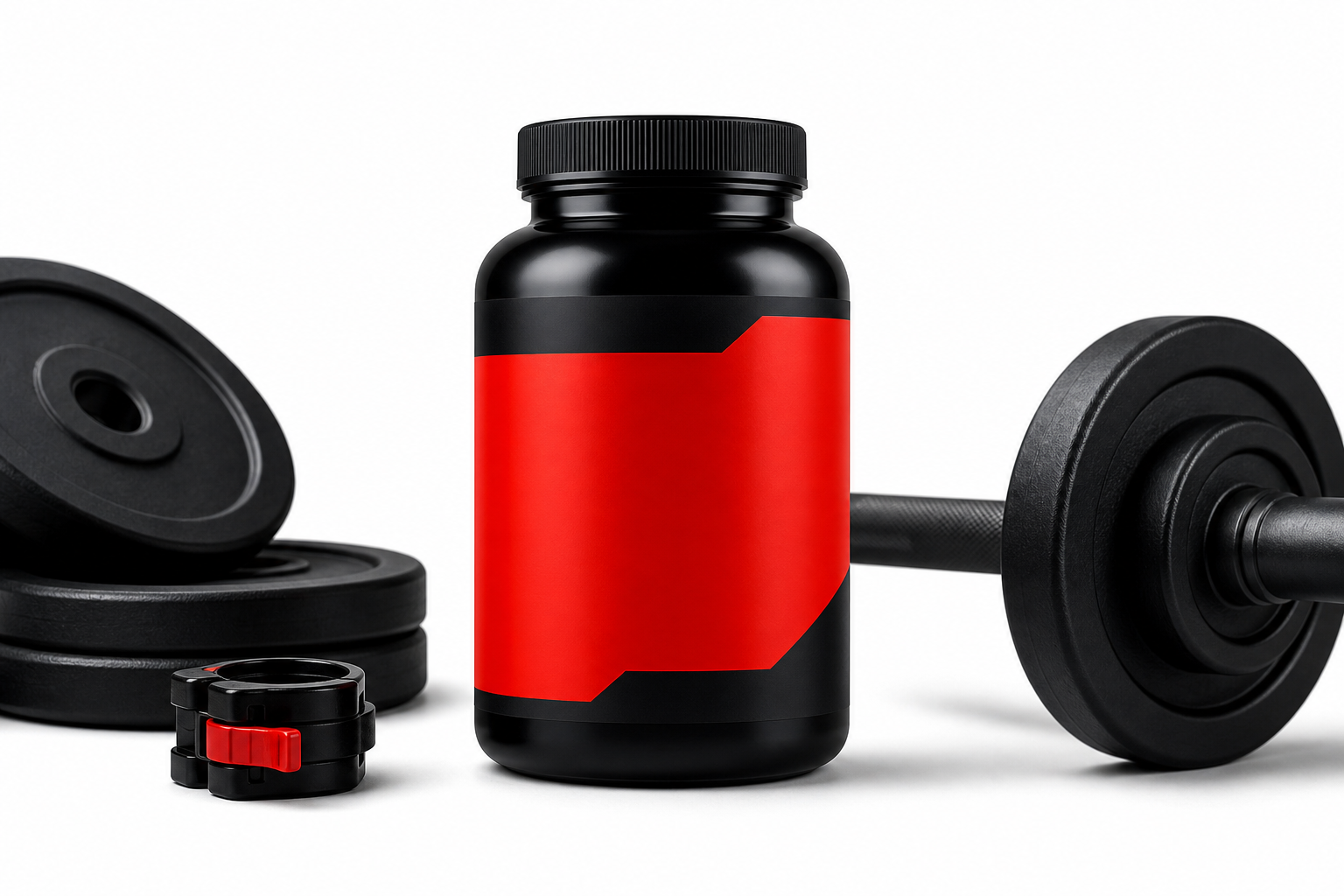 Thermogenic fat burner supplement bottle with gym equipment silhouettes on white background