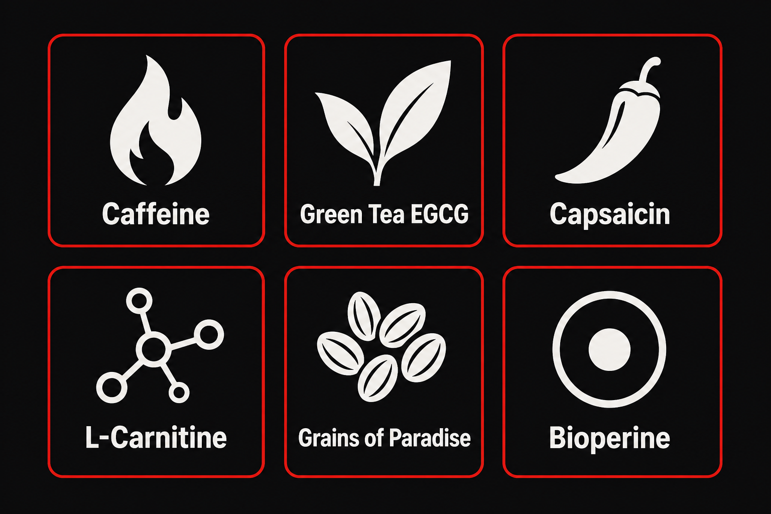 Key thermogenic fat burner ingredients chart showing caffeine green tea capsaicin L-carnitine and grains of paradise