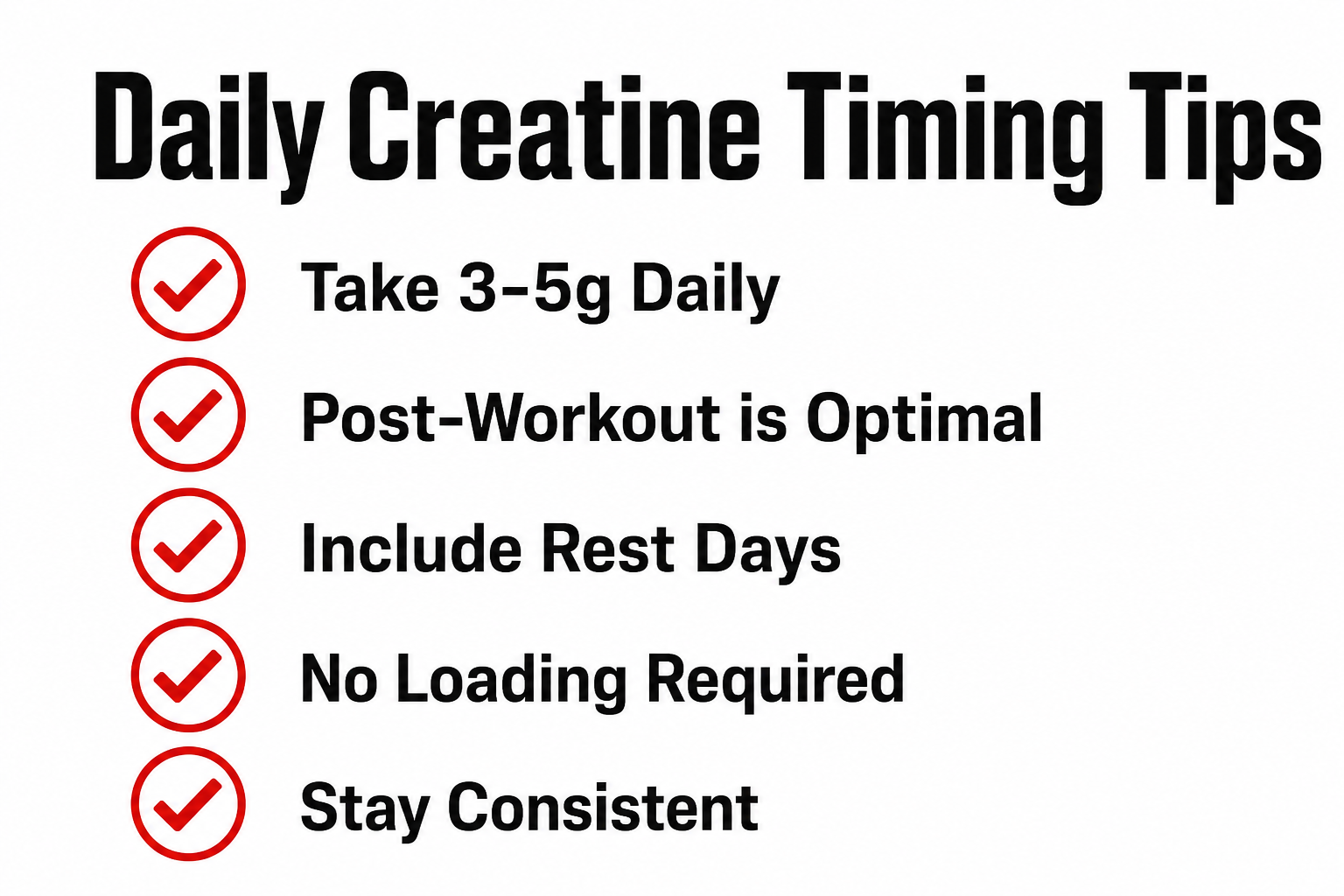 Daily creatine timing checklist showing dosage and consistency guidelines for strength athletes
