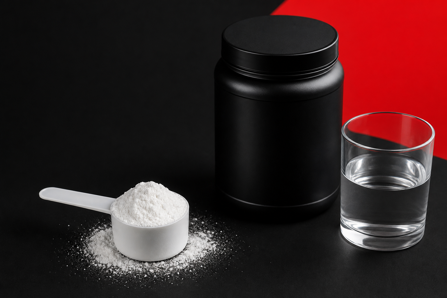 Creatine monohydrate powder scoop beside a supplement tub on dark background
