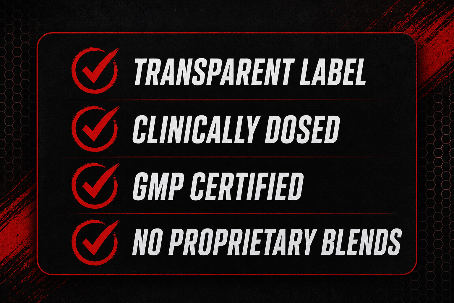Pre workout buying checklist showing transparent label, clinical doses, GMP certified, and no proprietary blends criteria